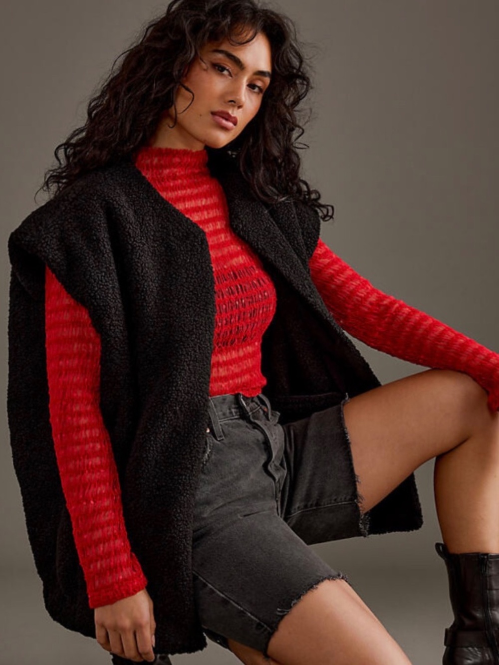 Anthropologie Self Contrast┆OS┆Oversized Sherpa Vest┆Black┆287 - Picture 4 of 6